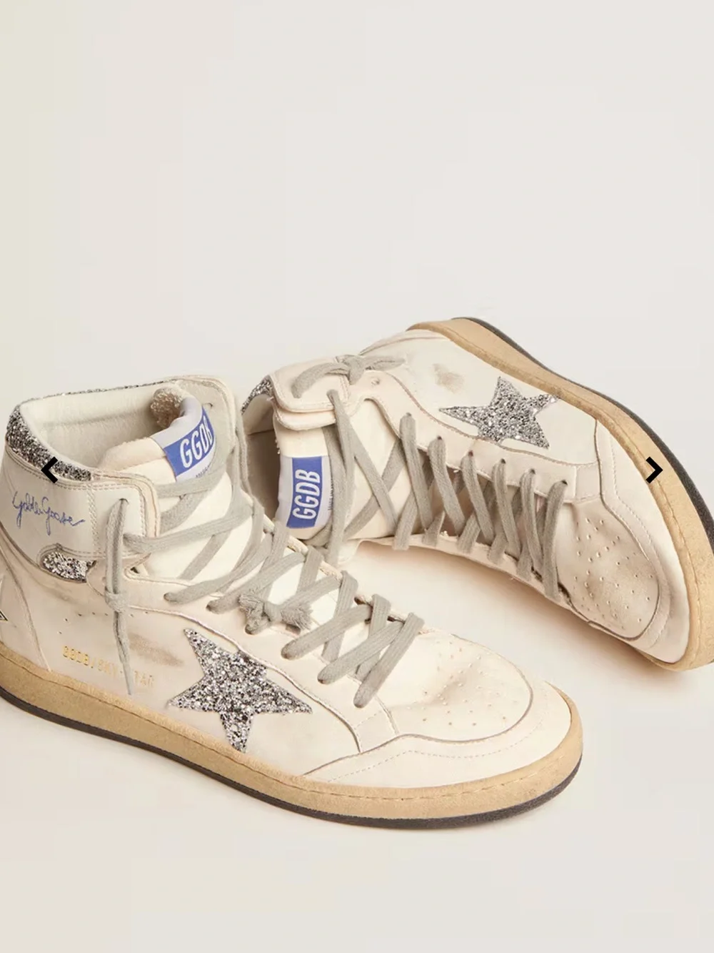 Golden Goose Cream High-Top Sneakers with Silver Glitter Star Accent - Picture 1 of 7